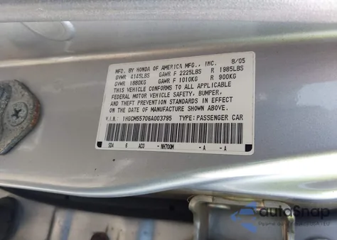 2006 Honda Accord 2.4 Ex из США, поврежденный, VIN 1HGCM55706A003795